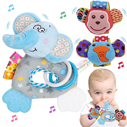 COLVWOFA Baby Plush Rattles Toys 0-3-6-12 Months, Soft Hand Grip Toys with Teether, Elephant & Monkey Wrist Rattles for Infant Boy or Girl