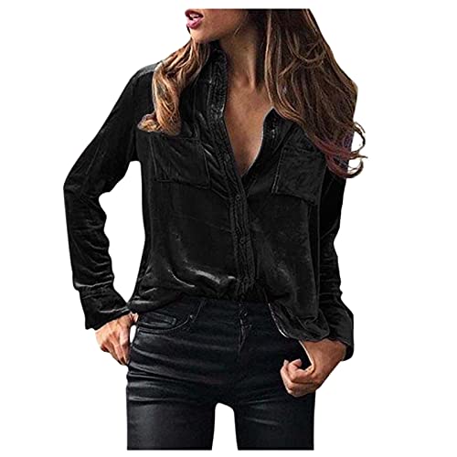 Maryia Long Sleeve Velvet Shirts for Women Autumn Winter Casual Plus Size Sweatshirts Button Down Up V Neck Tops 1#black