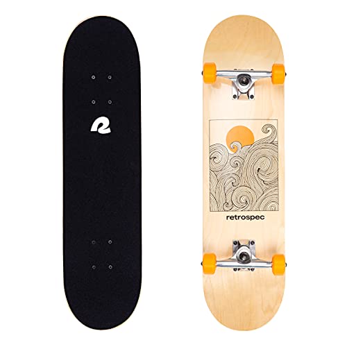 Retrospec Alameda Skateboard Complete | Canadian Maple Wood Deck w/ 5.5 Inch Aluminum Alloy Trucks for Commuting, Cruising, Carving & Downhill Riding | 31” x 7.5”, Tangerine Wave