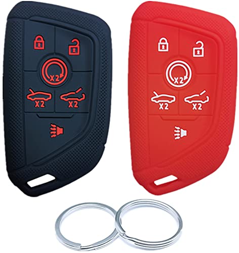 RUNZUIE 2Pcs 6 Buttons Silicone Remote Key Fob Cover Compatible with 2020 2021 Chevy Chevrolet Corvette C8 Key Fob Cover YG0G20TB1 Black with Red and Red