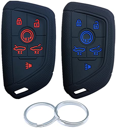 RUNZUIE 2Pcs 6 Buttons Silicone Remote Keyless Entry Key Fob Cover Compatible with 2022 2021 2020 Chevy Chevrolet Corvette C8 Key Fob Cover YG0G20TB1 Black with Red/Blue