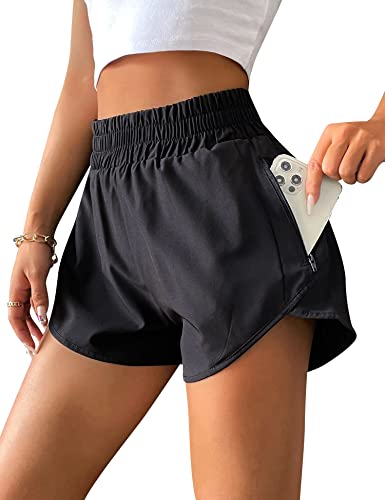 NLBZYDHFC Womens Athletic Shorts Elastic High Waisted Running Shorts Gym Yoga Quick Dry Workout Shorts with Zipper Pocket (Black, Medium)