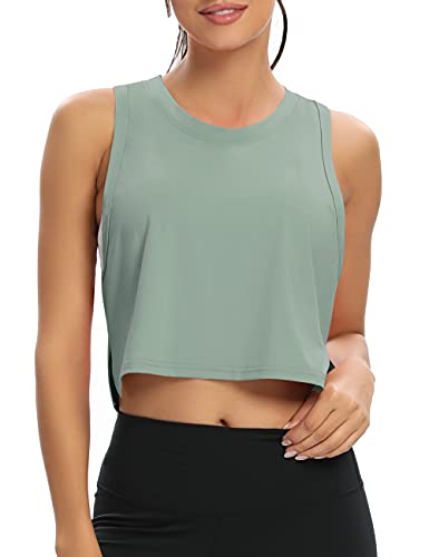 MTIONUG Womens Workout Crop Tops Gym Loose Sleeveless Sport Muscle Open Side Tank Tops for Women Yoga Athletic Shirts Gray Green XL