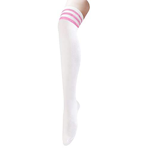 Thigh High Socks for Women Thin Knee High Socks Striped Thigh High Socks Over the Knee Socks Long Thigh Highs Tights Casual Thigh High Stockings Socks 1 Pair White Pink One Size