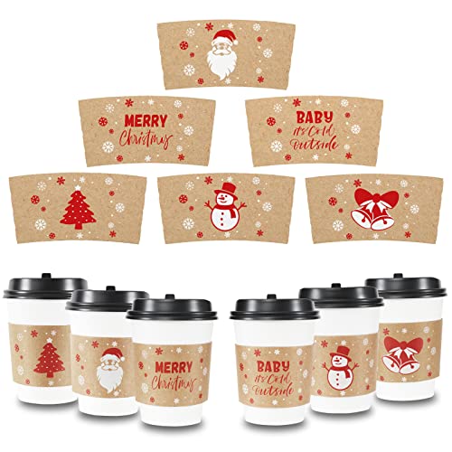 Whaline 30Pcs Christmas Coffee Cup Sleeves Tea Cup Disposable Kraft Paper sleeves for 12 oz and 16 oz Paper Cup Jacket for Hot Chocolate Cocoa Cold Beverage Fits, 6 Designs ( No Cups Included)