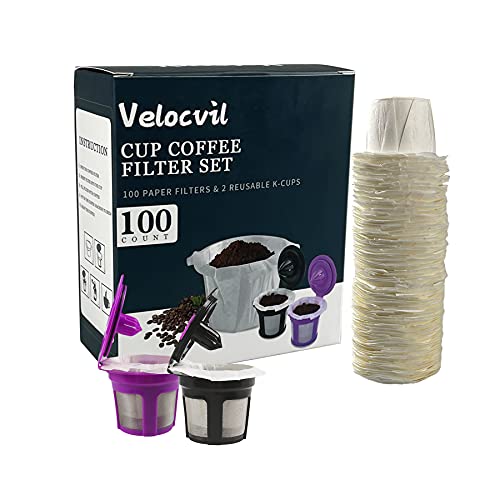 Velocvil 2 Pack Reusable K Cups with 100 PCS Paper Coffee Filter Set, Refillable Single Cup Coffee Pods, Universal Fit for Keurig 1.0, 2.0 Brewers, White
