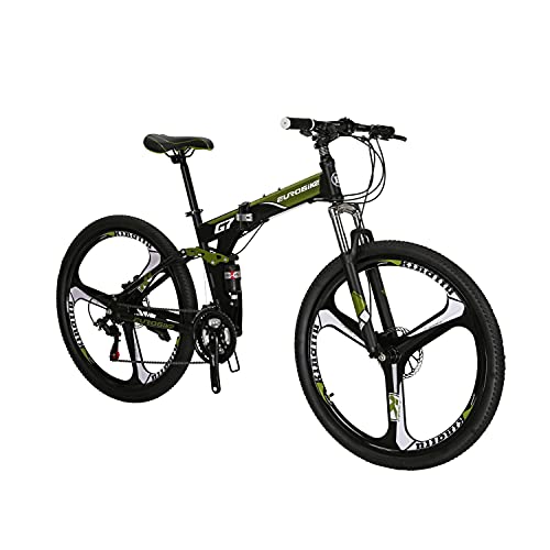 EUROBIKE XLX-G7 Folding Mountain Bike 27.5Inch Wheels Dual Disc Brake Adult Floding MTB Bicycle for Men and Women (Army Green 3 Spoke mag Wheel)