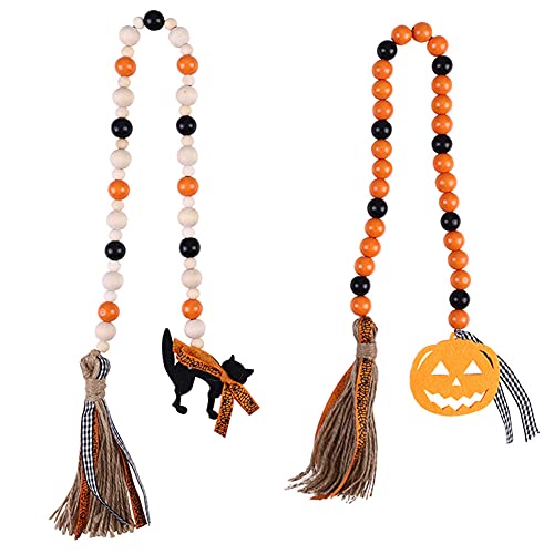 Andescobo Halloween Wooden Bead Garland Wood Tassel Rustic Farmhouse Tassels with Pumpkin Ghost and Cat Tiered Tray Decor Party for Shelf Displays