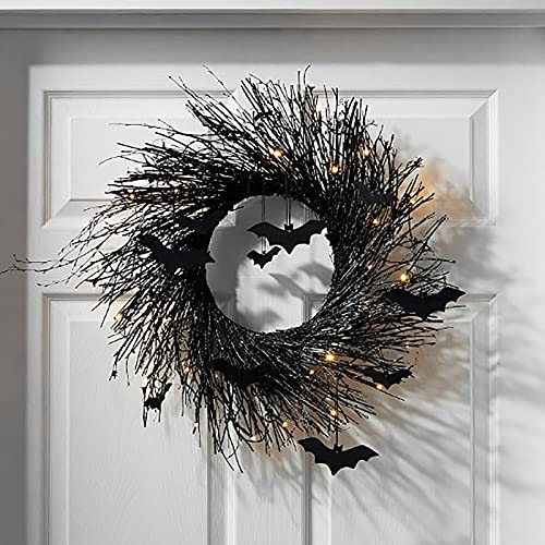 Owill-home Owill Halloween Wreath with Lights, Lighted Garland, Black Bat for Front Door Outdoor Decorations Spooky Glitter Home Party Props Decor (21inch)