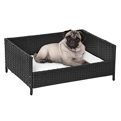 PawHut Rattan Pet Bed Raised Wicker Dog House Small Animal Sofa Indoor & Outdoor with Soft Washable Cushion Black