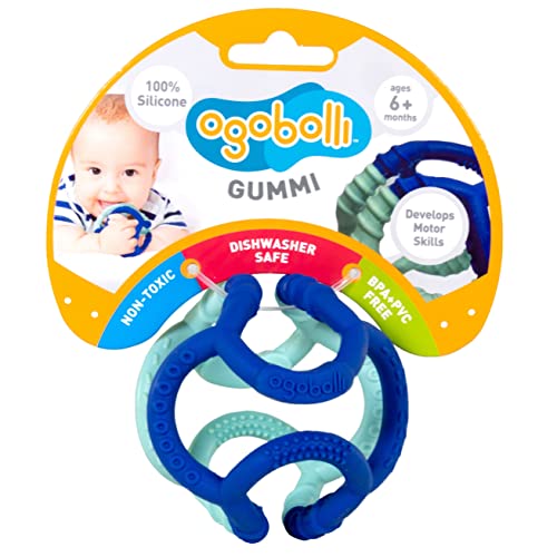 OgoBolli Gummi Teething Ring Textured Sensory Ball Toy for Babies & Toddlers – Stretchy, Soft Non-Toxic Silicone – Age 6+ Months – Blue Blueberry