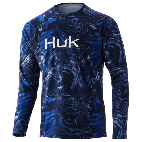 HUK Men’s Standard Pattern Pursuit Long Sleeve Performance Fishing Shirt, Stone Shore-Deep Ocean Blue, Medium