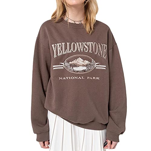 KOSUSANILL Women Graphic Crewneck Sweatshirt Y2k E Girl Aesthetic Vintage Printed 90s Streetwear Casual Long Sleeve Tops Pullover (Brown Letter , Medium )
