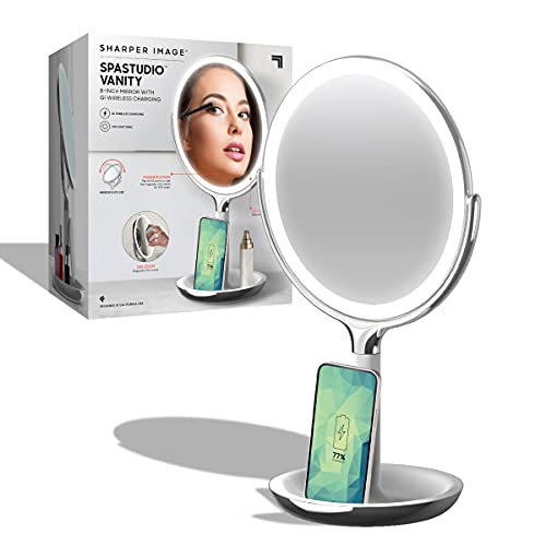 Sharper Image SpaStudio Vanity 8-inch Mirror with Built-in Qi Wireless Phone Charger, 5X and 10X Magnification