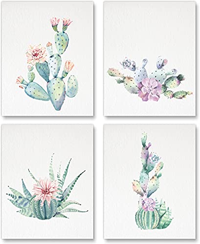 Gubrandin Watercolor Cacti Poster Cactus Print Botanical Decor Bathroom Decoration Living Room Farmhouse Colorful Elegant Gift (8×10 inch，Set of 4，Unframed)