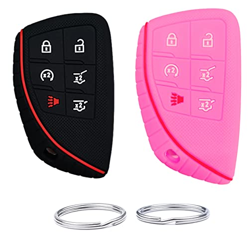 UOKEY Silicone Keyless Remote Key fob Cover fit for 2021 2022 GMC Yukon Chevy Chevrolet Suburban Tahoe GM-13541565(6-Button) (Black+Rose red)