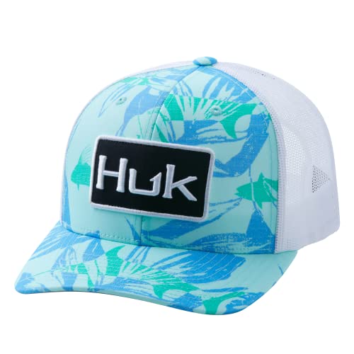 HUK Men’s Standard Mesh Trucker Snapback Anti-Glare Fishing Hat, Ocean Palm-Beach Glass, One Size