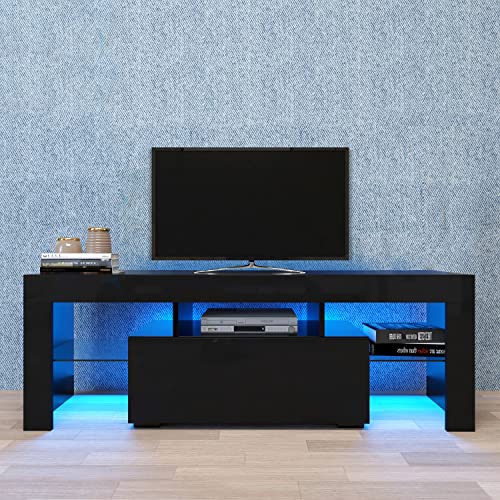 Hangoo Black TV Stand for Entertainment Center LED with Drawer and Storage Console Cabinet Media Cable Box Gaming Stands Bedroom Living, 51.2×13.8×17.7in, up to 60 inch tv