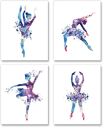 Watercolor Ballet Prints Ballerina Dancers Wall Art Woman Dancing Decor Girls Room Women Bedroom Decor Colorful Poster Classroom Decoration Elegant Gift for Girls (8×10 inch，Set of 4，Unframed)