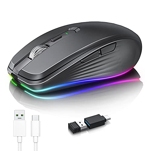 Rechargeable Wireless Mouse, 2.4G RGB 4 Adjustable DPI (Max 3600) Quiet Ergonomic Mouse with 6 Buttons for PC, Computer, Laptop, ChromeBook,Tablet, Compact Cordless Mice, USB and USB-C Adapter (Black)
