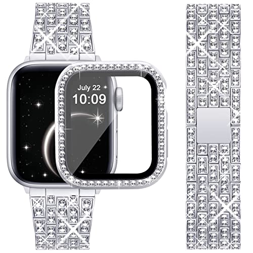 OMIU Compatible with Apple Watch Band 40mm + Case, Women Dressy Jewelry Bling Diamond Metal Wristband with Rhinestone Bumper Frame Screen Protector Cover for iWatch SE Series 6/5/4(40mm, Silver)