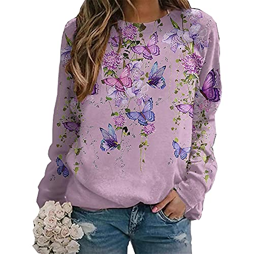 Women’s Long Sleeve Print Crew Neck Sweatshirt Casual Print Butterfly Floral Graphic Print Pullover Sweatshirt Tops Light Purple