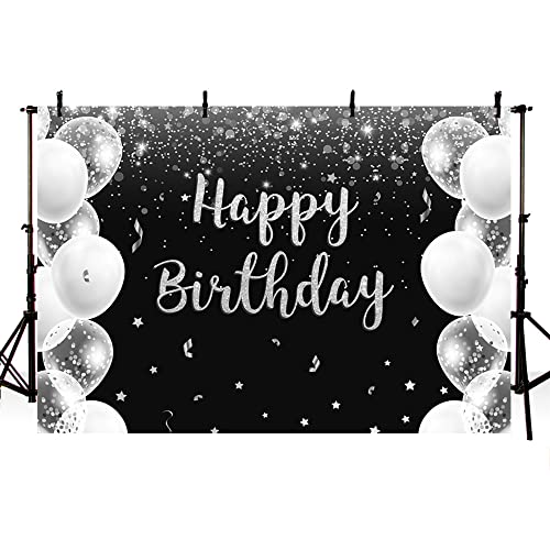 MEHOFOND 7x5ft Happy Birthday Backdrop Banner Black and Silver Photography Background White and Sliver Balloons Sparkle Confetti Glitter Kids Adult Bday Party Decor Banner Photo Booth Studio Props