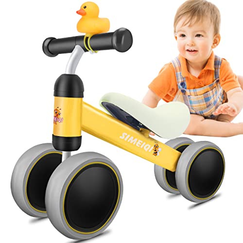 SIMEIQI Baby Balance Bike for Boys Girls,Toddler Bicycle 12-24 Month,First Bike Standing Training Infant Walker,No Pedal 4 Wheels Kids Push Bike,Birthday, Indoor Outdoor Ride-on Toy Yellow