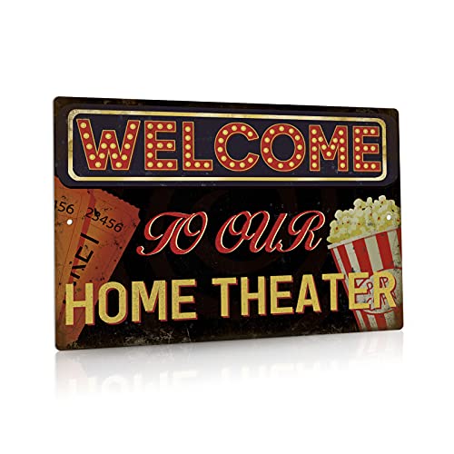 Putuo Decor Movie Theater Sign, Vintage Wall Decor for Bar, Cafes Pubs, Media Room, 12×8 Inches Aluminum Metal Sign (Welcome to Our Home Theater)