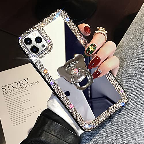 LUVI Compatible with iPhone 13 Pro Max Mirror Case Cute for Women Girls Bling Glitter Diamond Rhinestone with Ring Holder Loopy Finger Grip Kickstand Stand Cover Luxury Fashion Phone Case Silver