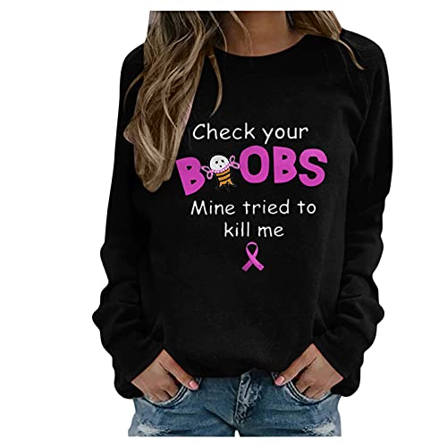 FUleyMvid Womens Long Sleeve Crewneck Sweatshirt Breast Cancer Awareness Shirt Oversized Workout Tee Fashion Loose Graphic Tops Black#02