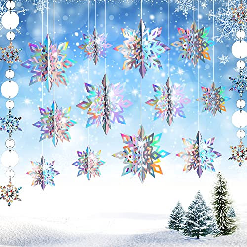 JULMELON 15Pcs Frozen 3D Hanging Snowflakes Decorations, Holographic Snowflakes Garland Silver Snowflakes for Winter Wonderland Decorations Frozen Birthday Party Supplies