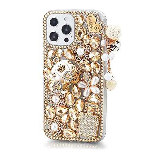 Max-ABC for iPhone 13 Pro Max Diamond Case,Cute Bling Glitter Case for Women Girls Shiny Crystal Rhinestone Pumpkin Car Love Pendant Sparkle Bumper Clear Gems Protective Phone Cover,Champagne Gold