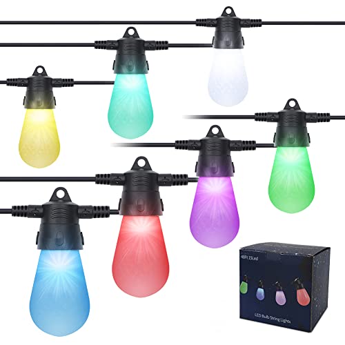 Foruly Smart LED Outdoor String Lights, 48ft RGB Patio Hanging Lights IP65 Waterproof Shatterproof Color Changing String Lights for Backyard Garden Cafe Party Wedding