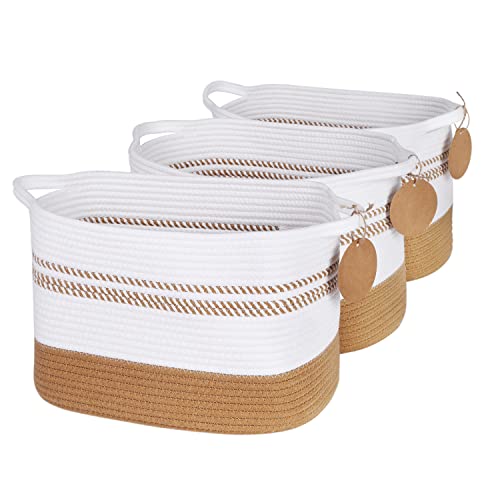 3-Pack Cotton Rope Shelf Storage Baskets for Organizing, Honizer Decorative Oval Basket with Handles, Closet Storage Bins for Shelves, Woven Baskets for Gift, Clothes, Toy, Books, Towels, Nursery-Jute