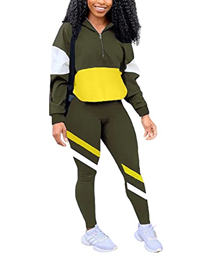 EOSIEDUR Workout Sets 2 Piece Outfits for Women Long Sleeve Crop High Waist Sport Leggings Sweatsuits Tracksuits Army Green X-Large