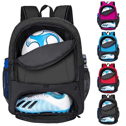 Rudmox Soccer Ball Bag-Backpack for Basketball,Volleyball with Cleat Shoes and Ball Compartment and inside Laptop Sleeve for Travel,Gym,Hiking,School (Black)