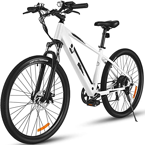 27.5″ Electric Bike 350W Electric Bicycle 7-Gear 20MPH with 36V 10.4Ah Lithium Battery, Aluminum 700C Electric Mountain Bike/Commuter Electric Bicycle/Trekking E-Bike for All Terrain (White)
