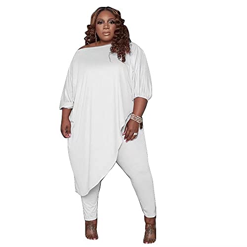 Huasemy Plus Size Outfits for Women,Plus Size Outfits 2 Piece,Tracksuits Long Sleeve Slant Shoulder Asymmetrica Tops Bodycon Pants Sweatsuit Sets,X-Large White