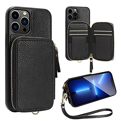 ZVE iPhone 13 Pro Max RFID Wallet Case, Zipper Wallet Case with Credit Card Holder Leather Handbag Case Wrist Strap for Women Protective Case Compatible with iPhone 13 Pro Max 6.7″(2021)- Black