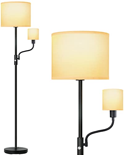 Floor Lamp for Bedroom, 12W LED Floor Lamps with Reading Light, 69″ Tall Lamps for Living Room, Office, Mid-Century Standing Lamp with White Linen Lampshade, 3-Way Rotary Switch, LED Bulbs Included