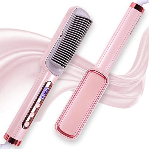 FOXEASE Hair Straightener Brush Comb for Women, Fast Heating, Electric Ticky Hot Hairbrush, straightening and Curler 2 in 1 Auto-Off, Anti-frizz/Scald, for Home/Salon/Travel, Pink