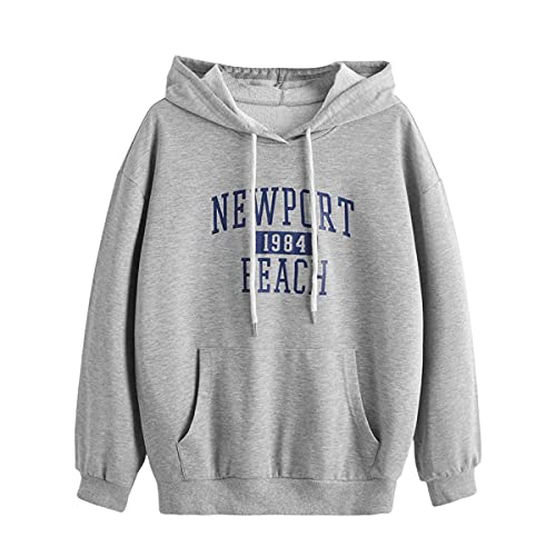 SweatyRocks Women’s Hooded Sweatshirt Letter Print Long Sleeve Oversized Pullover Tops Hoodies Light Grey XL
