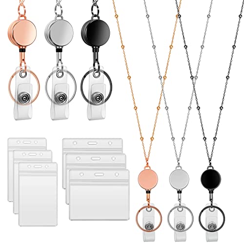 Retractable Badge Reel Lanyard with ID Holder,3 Pcs Beaded Badge Lanyard with 6 Waterproof Name Badge Holder Stainless Steel Necklace Lanyards for Women (Rose Gold,Sliver,Gold)