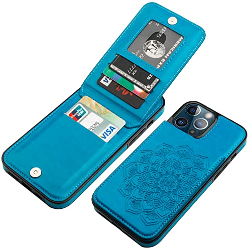 Vaburs Wallet Case for iPhone 13 Pro Max, Kickstand Case with Credit Card Holder, Embossed Mandala Floral Pattern Premium PU Leather Magnetic Closure Shockproof Protective Flip Cover 6.7″ (Blue)