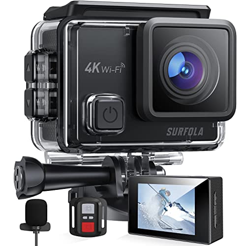 Surfola Action Camera, 4K/30FPS 20MP WiFi, Anti-Shake EIS Waterproof Camera Underwater 131ft, Remote Control External Microphone with 2 Batteries and Helmet Accessories Kit, SF230
