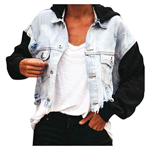 Women’s Denim Jackets Classic Ripped Tops Long Sleeve Stiching Hoodies Casual Loose Fit Button Cropped Jacket