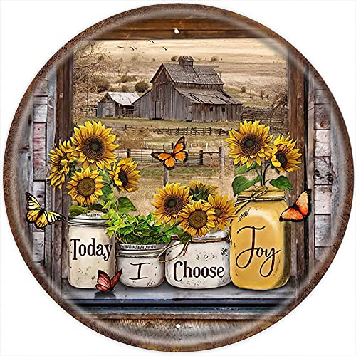 DAIERCY Sunflower in Mason Jar Vintage Tin Sign Today I Choose Joy Metal Sign Inspirational Wall Art Livingroom Wall Decor Rustic Farmhouse Decor for Home Office Round Metal Sign 12×12 Inch