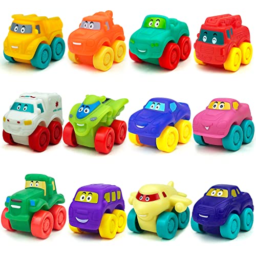 Ynanimery Soft Cars Toys for Toddlers Boys Girls,Soft Rubber Toy Vehicles for Babies Infant Birthday Gifts – 12 Pack (A)