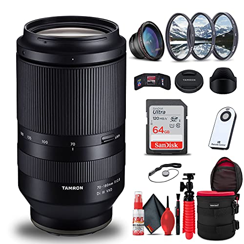 Tamron 70-180mm f/2.8 Di III VXD Lens for Sony E (AFA056S-700) Intl Model Bundle with 64GB SD Card + Lens Case + Wireless Remote + Tripod + 3-Piece Filter Kit + Wide Angle Lens + Lens Cleaning Kit